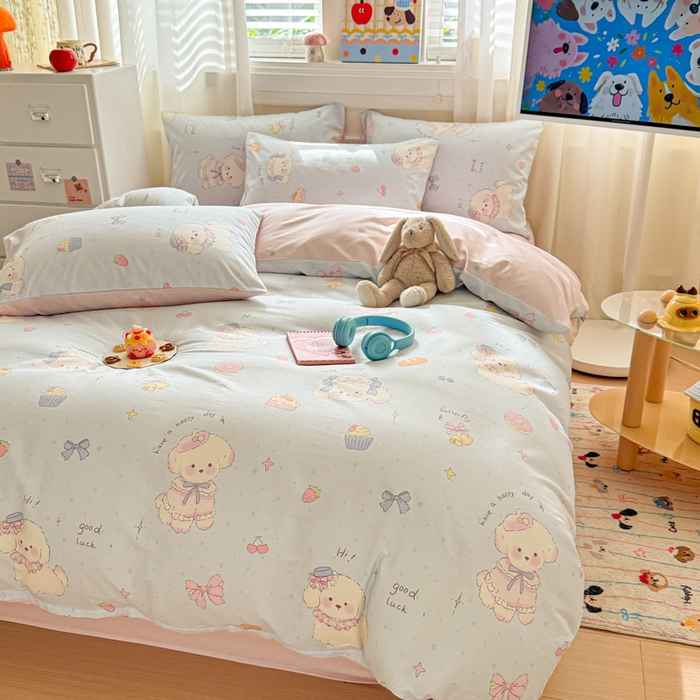 91家纺网 家纺一手货源 找家纺 曼之夏 2025新款全棉纯棉印花四件套 心动狗狗