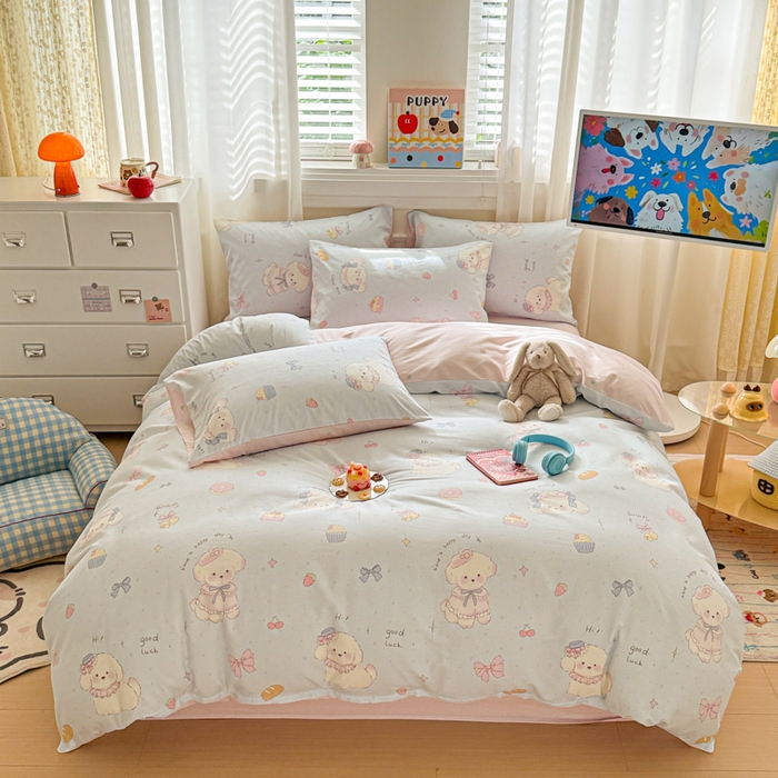 91家纺网 家纺一手货源 找家纺 曼之夏 2025新款全棉纯棉印花四件套 心动狗狗