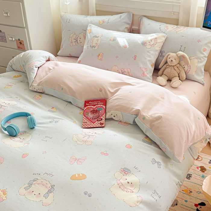 91家纺网 家纺一手货源 找家纺 曼之夏 2025新款全棉纯棉印花四件套 心动狗狗