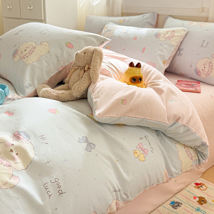 91家纺网 家纺一手货源 找家纺 曼之夏 2025新款全棉纯棉印花四件套 心动狗狗