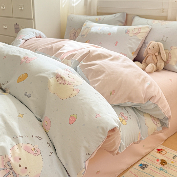 91家纺网 家纺一手货源 找家纺 曼之夏 2025新款全棉纯棉印花四件套 心动狗狗