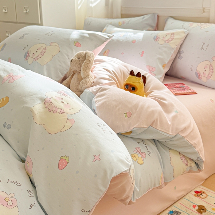 91家纺网 家纺一手货源 找家纺 曼之夏 2025新款全棉纯棉印花四件套 心动狗狗