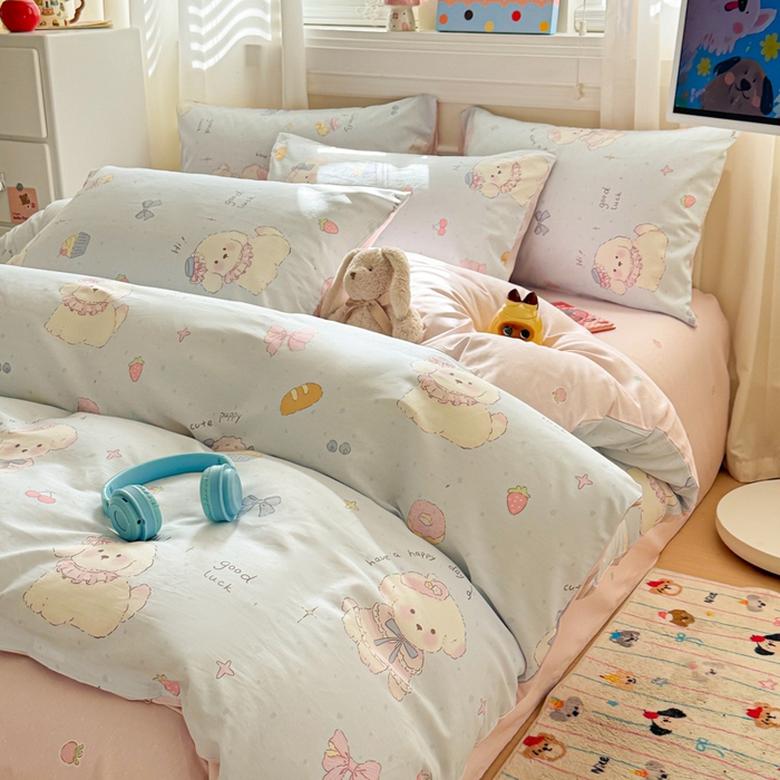 91家纺网 家纺一手货源 找家纺 曼之夏 2025新款全棉纯棉印花四件套 心动狗狗