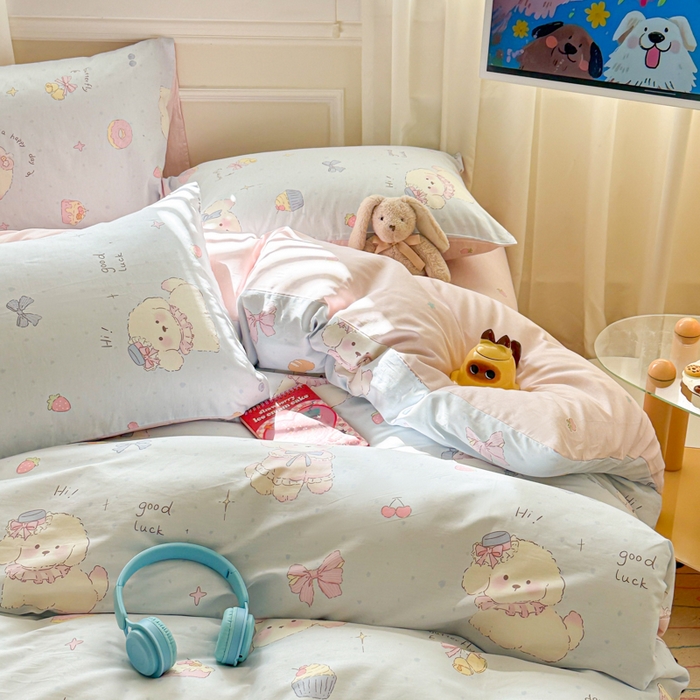 91家纺网 家纺一手货源 找家纺 曼之夏 2025新款全棉纯棉印花四件套 心动狗狗