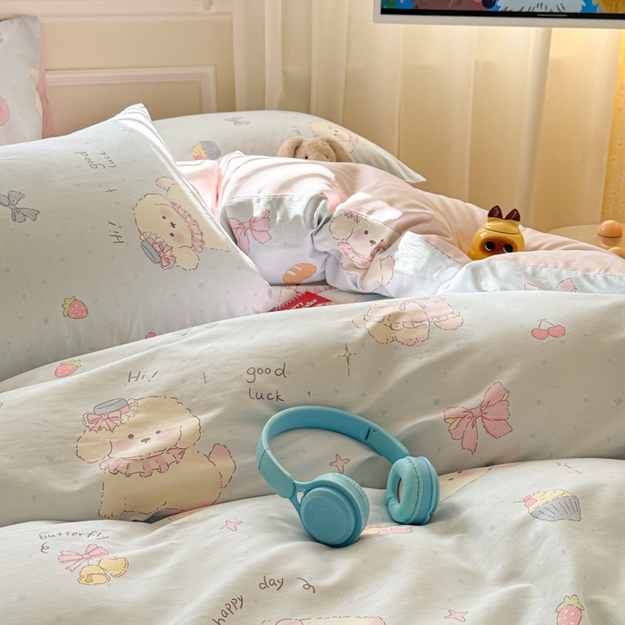 91家纺网 家纺一手货源 找家纺 曼之夏 2025新款全棉纯棉印花四件套 心动狗狗