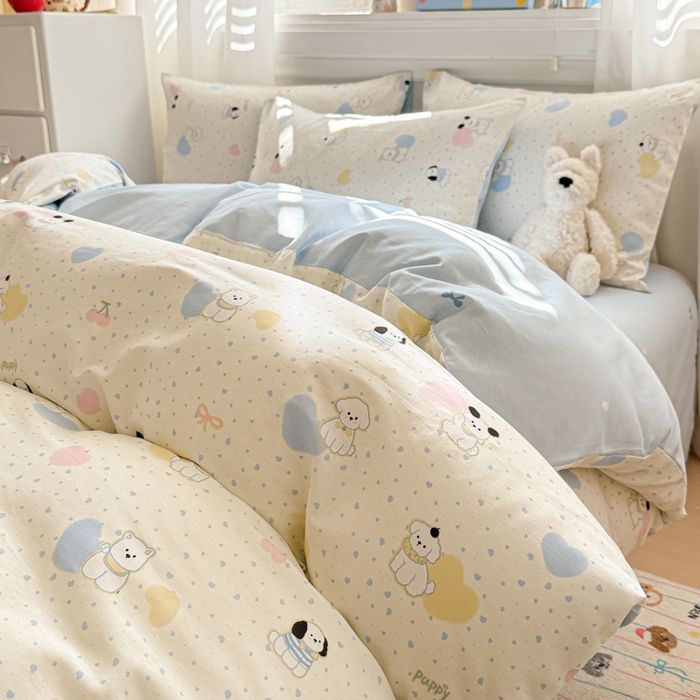 91家纺网 家纺一手货源 找家纺 曼之夏 2025新款全棉纯棉印花四件套 心心狗