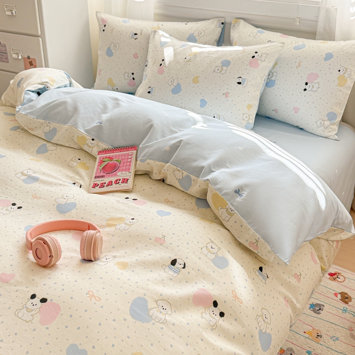 91家纺网 家纺一手货源 找家纺 曼之夏 2025新款全棉纯棉印花四件套 心心狗