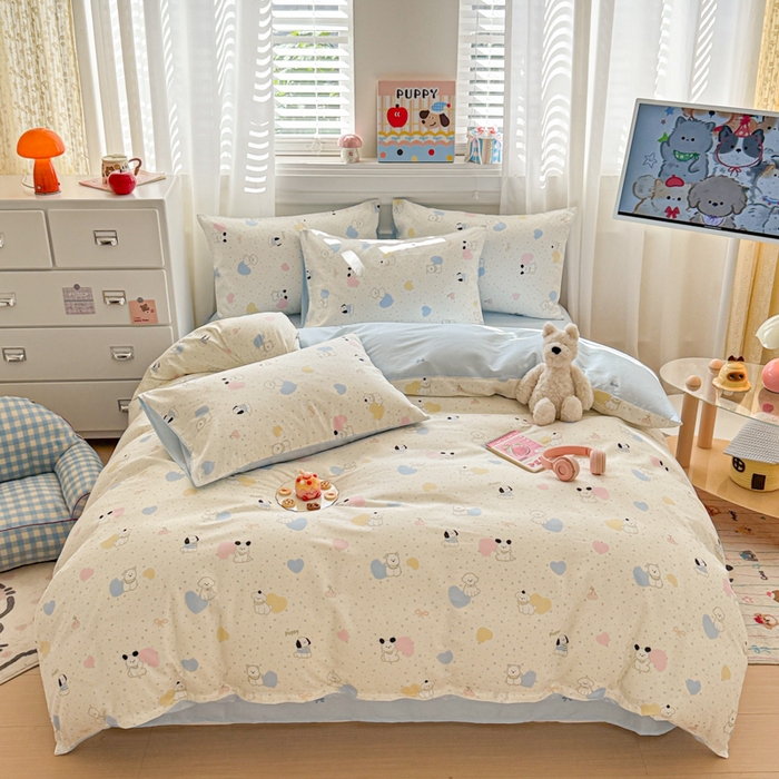 91家纺网 家纺一手货源 找家纺 曼之夏 2025新款全棉纯棉印花四件套 心心狗