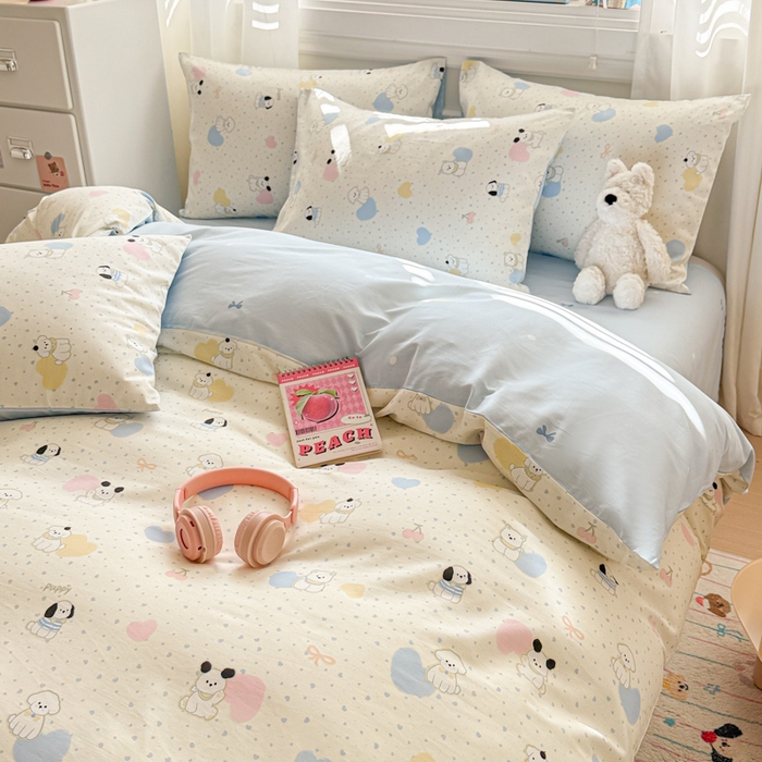 91家纺网 家纺一手货源 找家纺 曼之夏 2025新款全棉纯棉印花四件套 心心狗