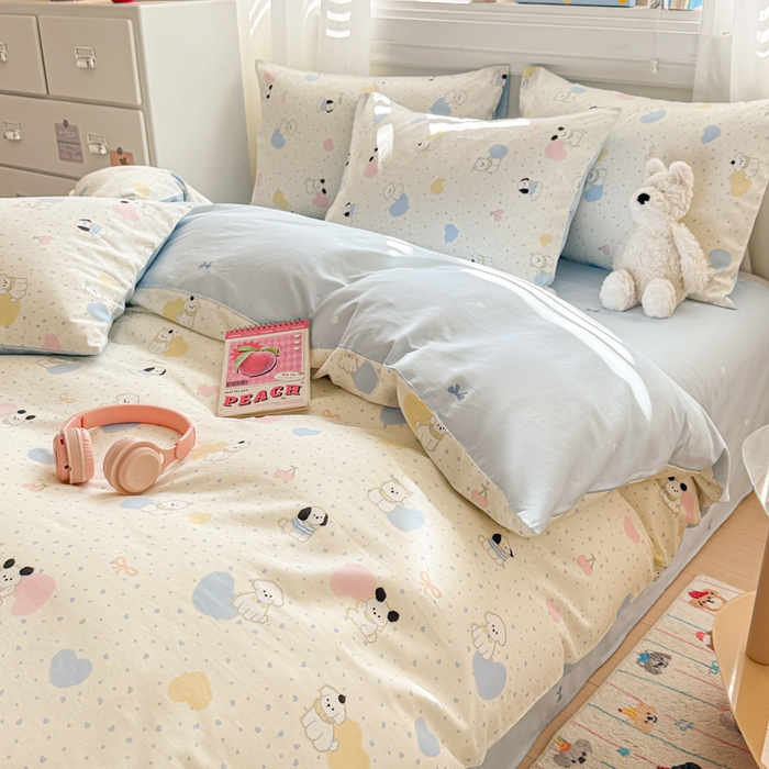 91家纺网 家纺一手货源 找家纺 曼之夏 2025新款全棉纯棉印花四件套 心心狗