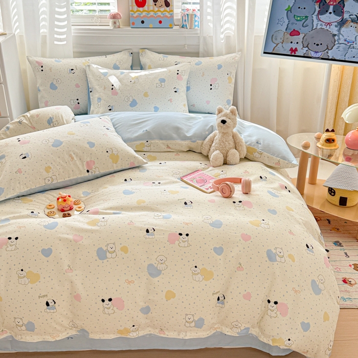 91家纺网 家纺一手货源 找家纺 曼之夏 2025新款全棉纯棉印花四件套 心心狗