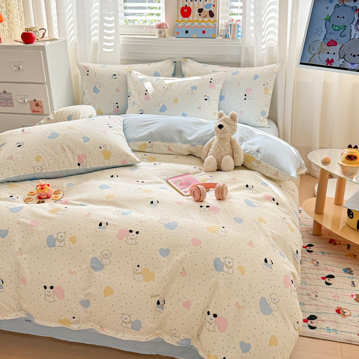 91家纺网 家纺一手货源 找家纺 曼之夏 2025新款全棉纯棉印花四件套 心心狗