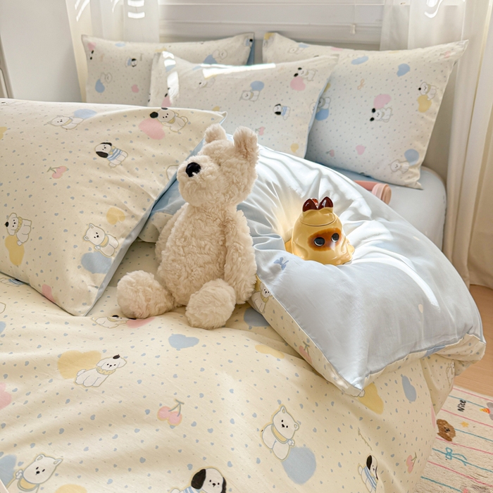 91家纺网 家纺一手货源 找家纺 曼之夏 2025新款全棉纯棉印花四件套 心心狗