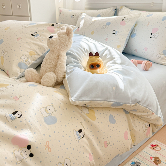 91家纺网 家纺一手货源 找家纺 曼之夏 2025新款全棉纯棉印花四件套 心心狗