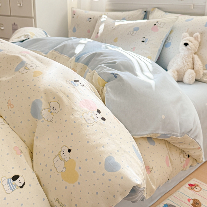 91家纺网 家纺一手货源 找家纺 曼之夏 2025新款全棉纯棉印花四件套 心心狗