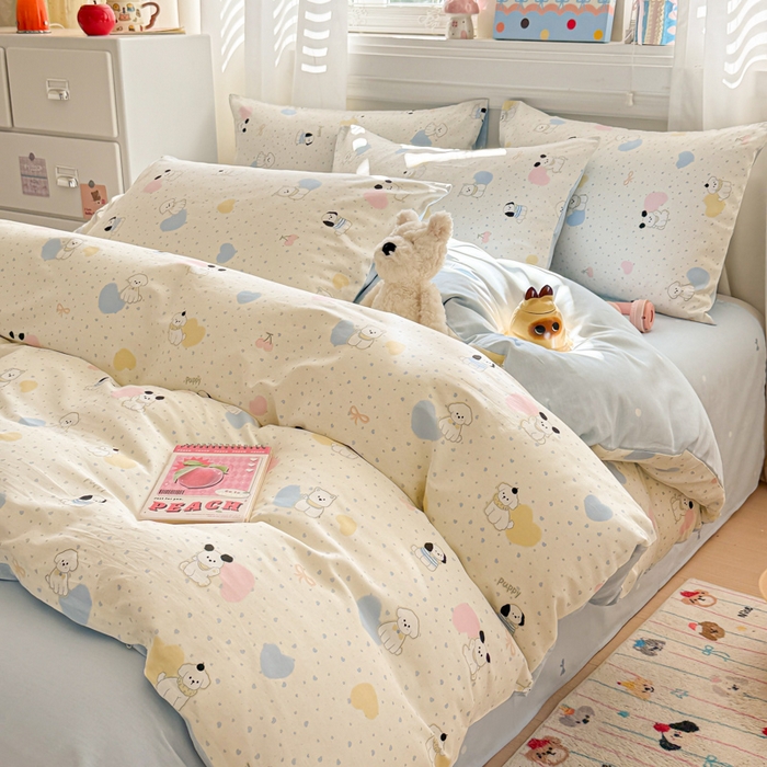 91家纺网 家纺一手货源 找家纺 曼之夏 2025新款全棉纯棉印花四件套 心心狗