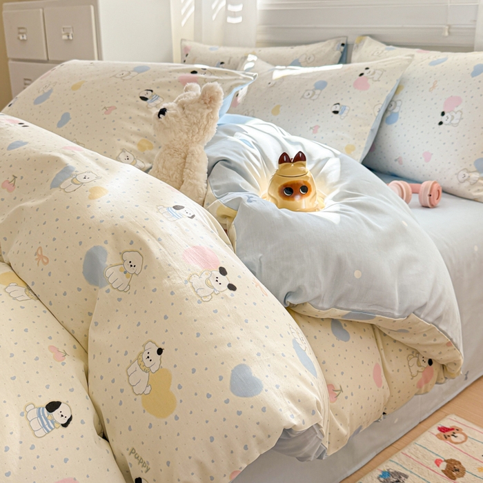 91家纺网 家纺一手货源 找家纺 曼之夏 2025新款全棉纯棉印花四件套 心心狗