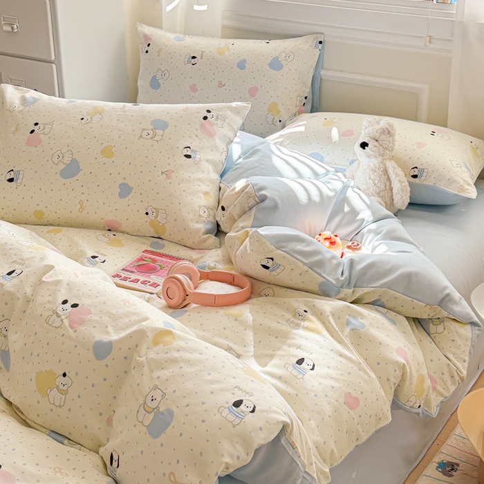 91家纺网 家纺一手货源 找家纺 曼之夏 2025新款全棉纯棉印花四件套 心心狗