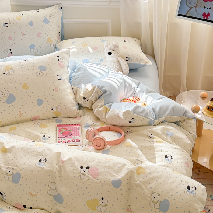 91家纺网 家纺一手货源 找家纺 曼之夏 2025新款全棉纯棉印花四件套 心心狗