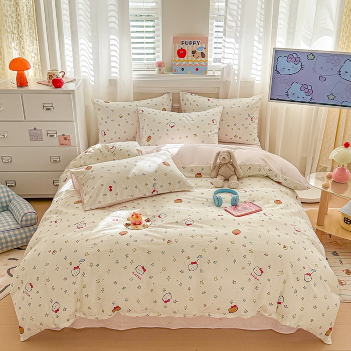 91家纺网 家纺一手货源 找家纺 曼之夏 2025新款全棉纯棉印花四件套 星星凯蒂猫