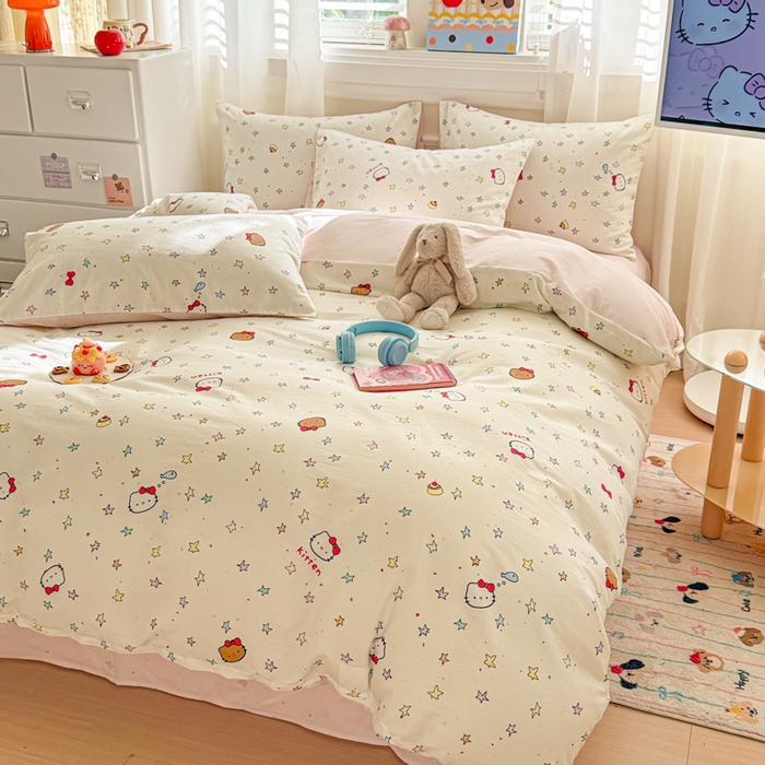 91家纺网 家纺一手货源 找家纺 曼之夏 2025新款全棉纯棉印花四件套 星星凯蒂猫