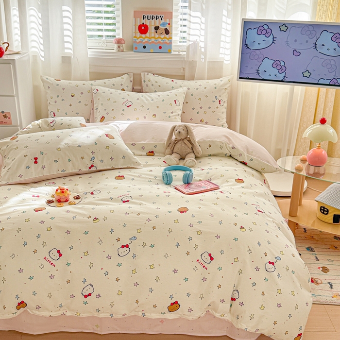 91家纺网 家纺一手货源 找家纺 曼之夏 2025新款全棉纯棉印花四件套 星星凯蒂猫