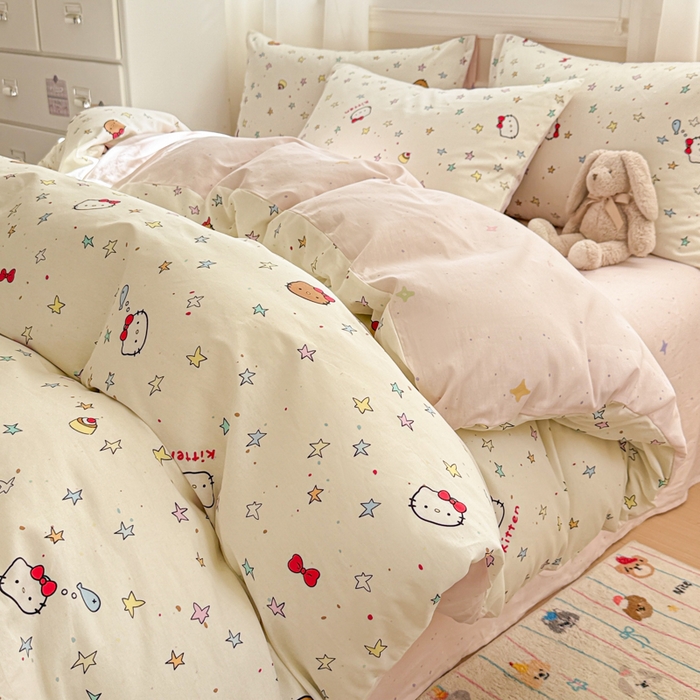 91家纺网 家纺一手货源 找家纺 曼之夏 2025新款全棉纯棉印花四件套 星星凯蒂猫