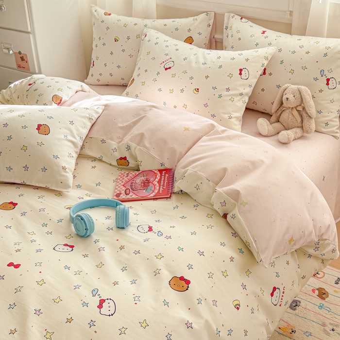 91家纺网 家纺一手货源 找家纺 曼之夏 2025新款全棉纯棉印花四件套 星星凯蒂猫