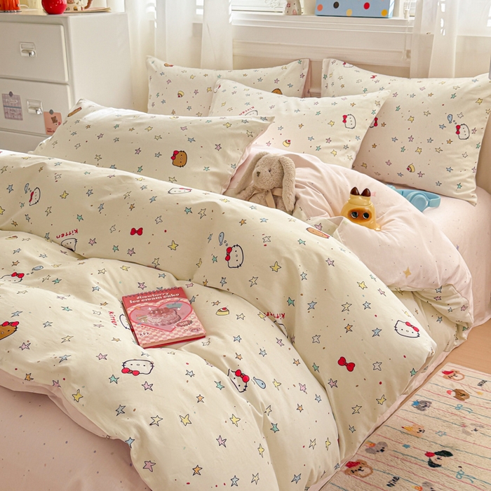 91家纺网 家纺一手货源 找家纺 曼之夏 2025新款全棉纯棉印花四件套 星星凯蒂猫