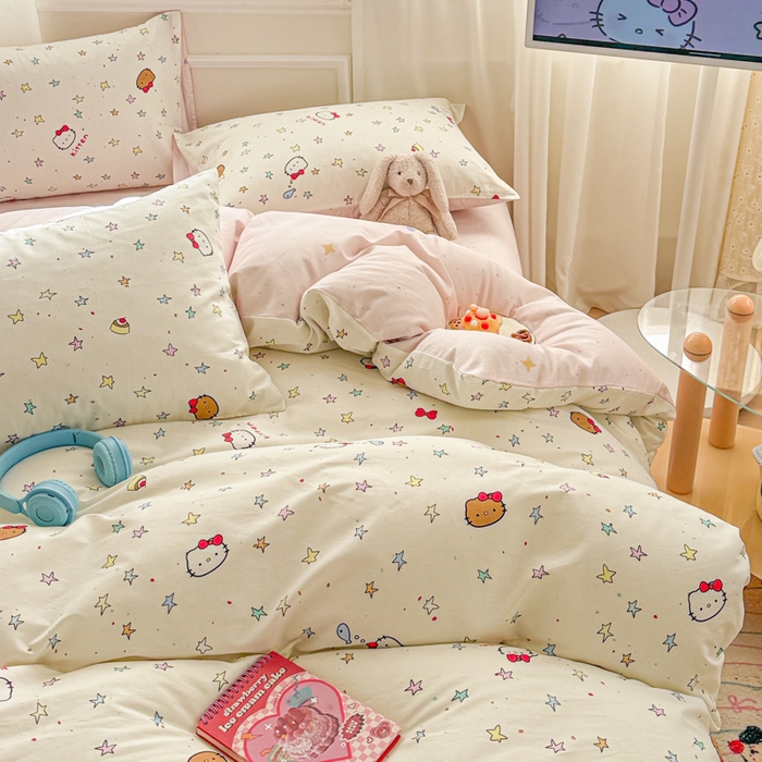 91家纺网 家纺一手货源 找家纺 曼之夏 2025新款全棉纯棉印花四件套 星星凯蒂猫