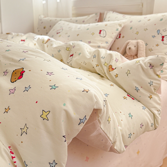 91家纺网 家纺一手货源 找家纺 曼之夏 2025新款全棉纯棉印花四件套 星星凯蒂猫