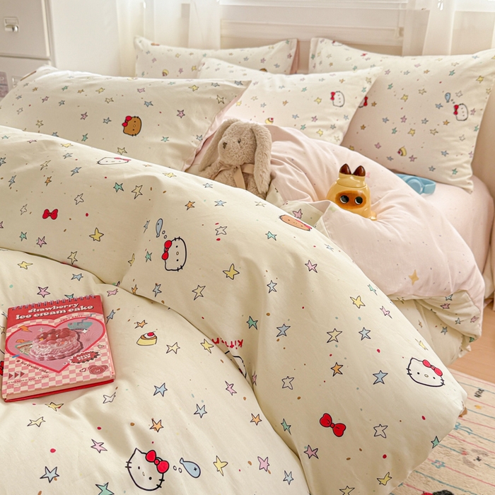 91家纺网 家纺一手货源 找家纺 曼之夏 2025新款全棉纯棉印花四件套 星星凯蒂猫