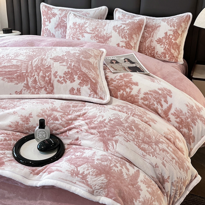 妮恒美家纺 2025新款雕花牛奶绒四件套 山水画-浅豆沙