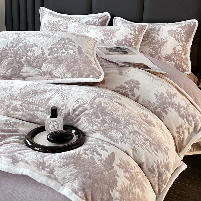 妮恒美家纺 2025新款雕花牛奶绒四件套 山水画-嫣紫