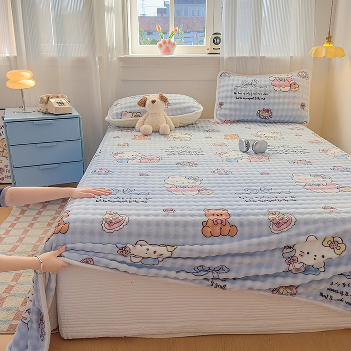 91家纺网 家纺一手货源 找家纺 丝芙妮家居（原乐视家纺） 2025新款A类牛奶泡泡绒印花单品床单 泡芙KT