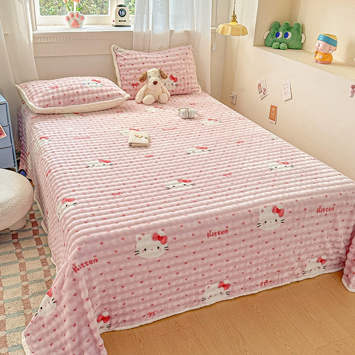 91家纺网 家纺一手货源 找家纺 丝芙妮家居（原乐视家纺） 2025新款A类牛奶泡泡绒印花单品床单 甜糯凯蒂