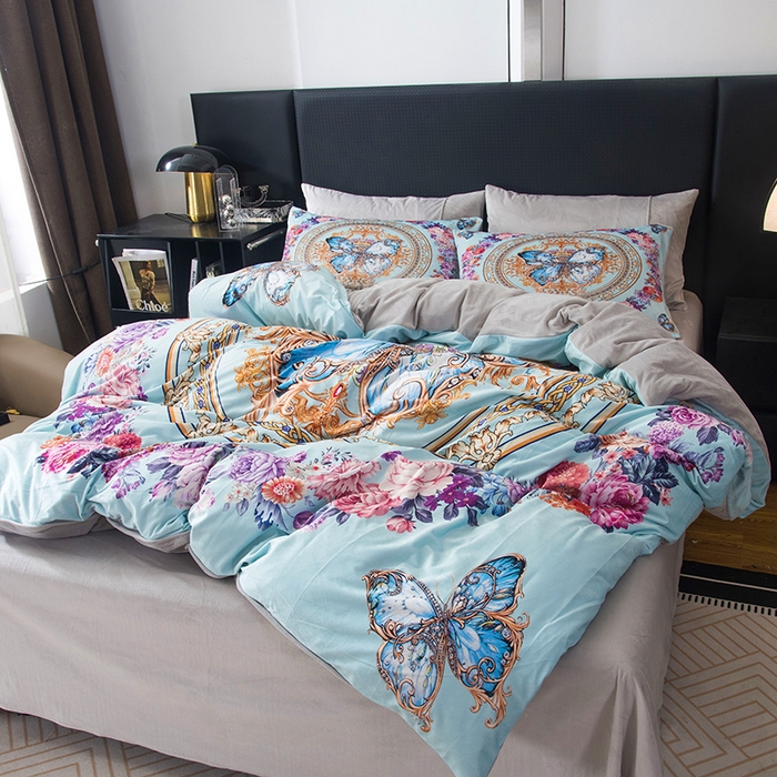 91家纺网 家纺一手货源 找家纺 爵仕家纺 2025新款跨境轻奢外贸加绒秋冬保暖宝宝绒水晶绒抗静电不掉毛四件套床单被套 金蝴蝶