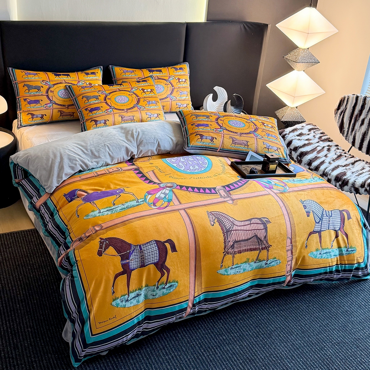 91家纺网 家纺一手货源 找家纺 爵仕家纺 2025新款跨境轻奢外贸加绒秋冬保暖宝宝绒水晶绒抗静电不掉毛四件套床单被套 十骏马