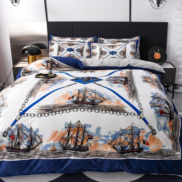 91家纺网 家纺一手货源 找家纺 爵仕家纺 2025新款跨境轻奢外贸加绒秋冬保暖宝宝绒水晶绒抗静电不掉毛四件套床单被套 帆船