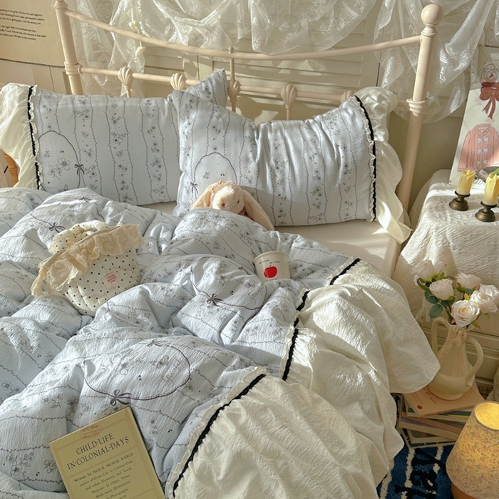 91家纺网 家纺一手货源 找家纺 阿曼达 2025新款韩系法式慵懒氛围感印花泡芙花边四件套（专版花型）-樱花泡芙樱花泡芙-香榭蓝