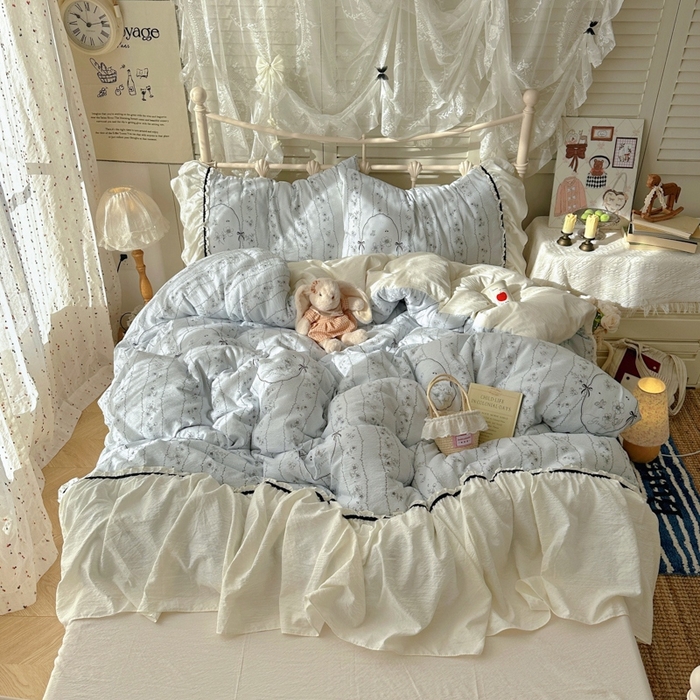 阿曼达 2025新款韩系法式慵懒氛围感印花泡芙花边四件套（专版花型）-樱花泡芙樱花泡芙-香榭蓝