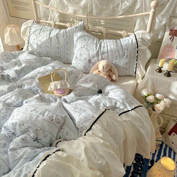 91家纺网 家纺一手货源 找家纺 阿曼达 2025新款韩系法式慵懒氛围感印花泡芙花边四件套（专版花型）-樱花泡芙樱花泡芙-香榭蓝