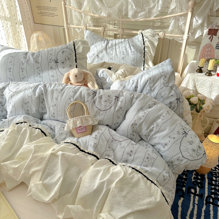 91家纺网 家纺一手货源 找家纺 阿曼达 2025新款韩系法式慵懒氛围感印花泡芙花边四件套（专版花型）-樱花泡芙樱花泡芙-香榭蓝