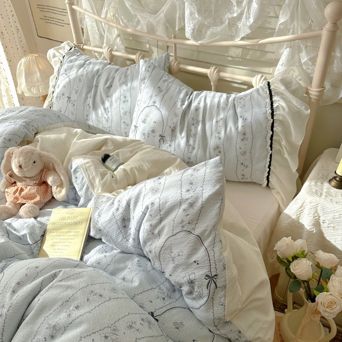 91家纺网 家纺一手货源 找家纺 阿曼达 2025新款韩系法式慵懒氛围感印花泡芙花边四件套（专版花型）-樱花泡芙樱花泡芙-香榭蓝