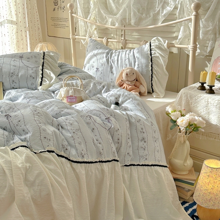 91家纺网 家纺一手货源 找家纺 阿曼达 2025新款韩系法式慵懒氛围感印花泡芙花边四件套（专版花型）-樱花泡芙樱花泡芙-香榭蓝