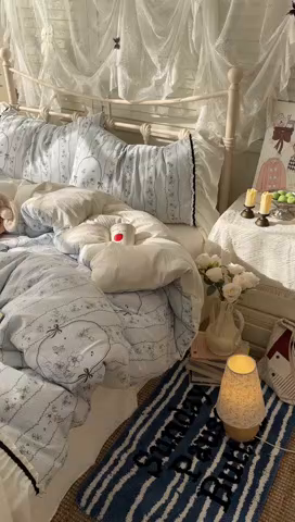 91家纺网 家纺一手货源 找家纺 阿曼达 2025新款韩系法式慵懒氛围感印花泡芙花边四件套（专版花型）-樱花泡芙樱花泡芙-香榭蓝