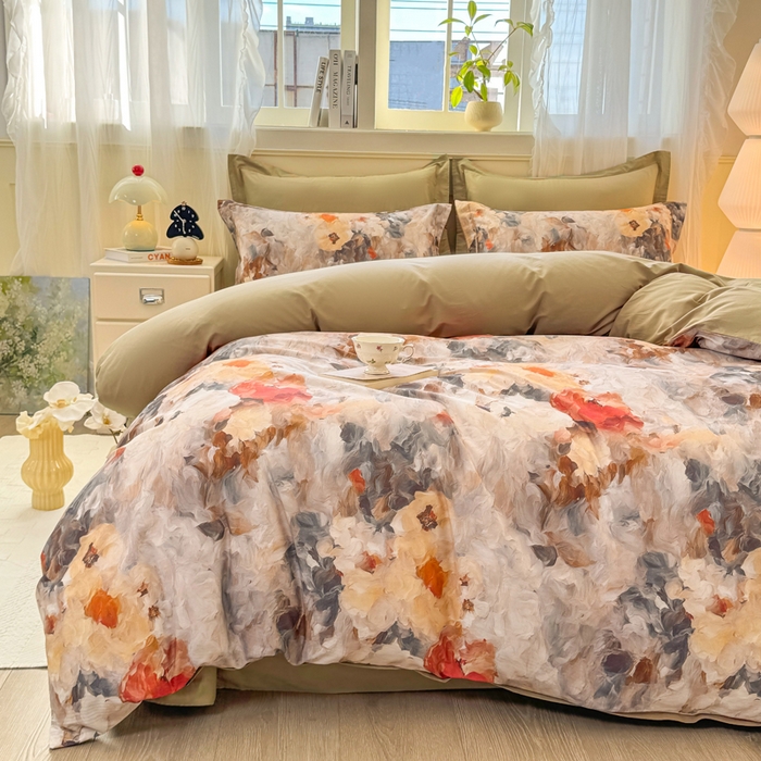 91家纺网 家纺一手货源 找家纺 红日子纺织品 2025新款全棉纯棉数码印花四件套 花暖容颜-绿