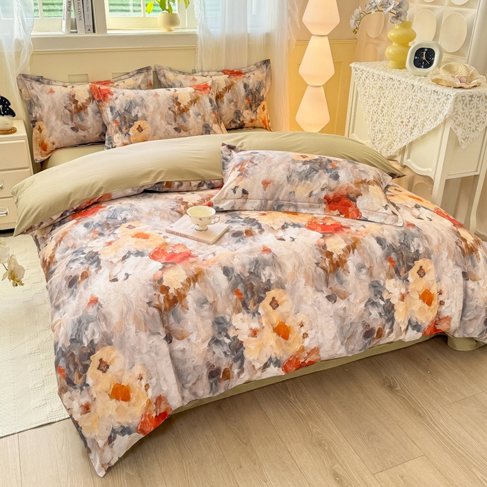 91家纺网 家纺一手货源 找家纺 红日子纺织品 2025新款全棉纯棉数码印花四件套 花暖容颜-绿