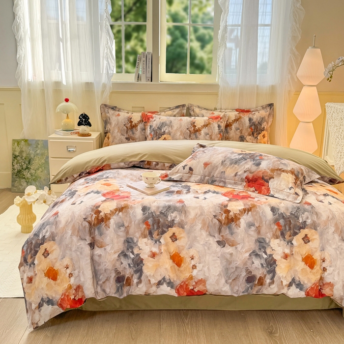 91家纺网 家纺一手货源 找家纺 红日子纺织品 2025新款全棉纯棉数码印花四件套 花暖容颜-绿