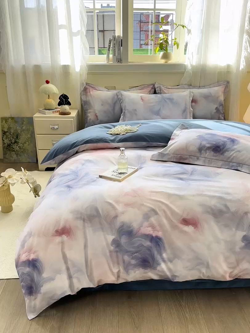 91家纺网 家纺一手货源 找家纺 红日子纺织品 2025新款全棉纯棉数码印花四件套 波斯记忆-蓝